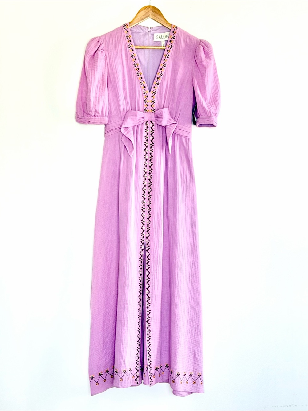 SALONI Purple Embroidered Cotton Gauze Bow Maxi Dress XS